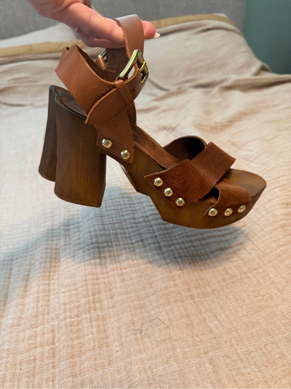ASOS Women’s Brown Suede Platform Studded Wood-Heel Sandals, size 38(7.5)